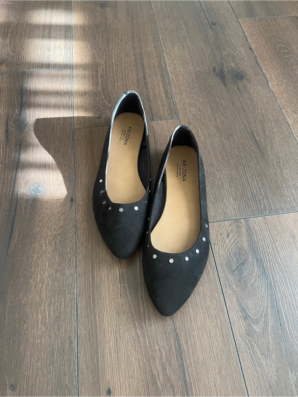 Arizona Jean Company Black Pointed-Toe Flats with Silver Stud Accents